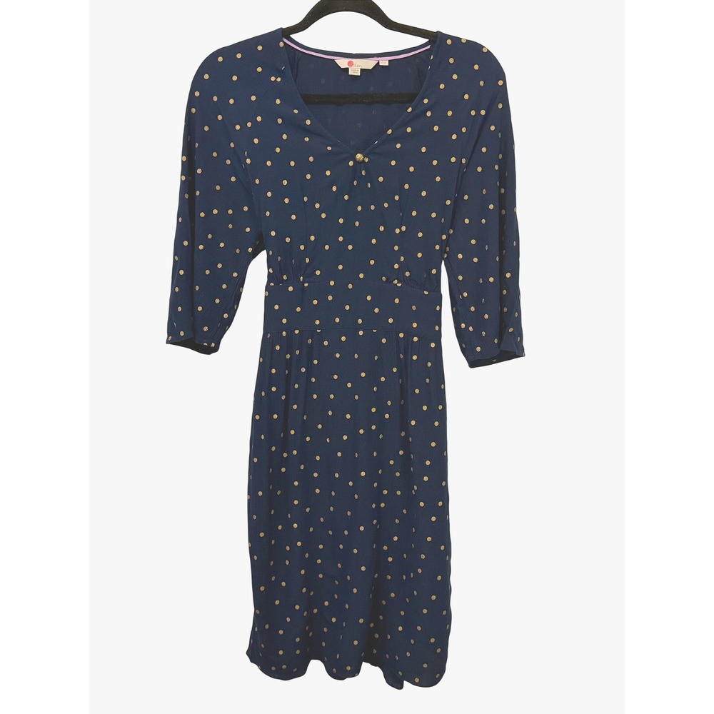 Boden Navy Gold Polka Dot V-Neck Belt Waist Midi Dress Womens US 8R UK 12R